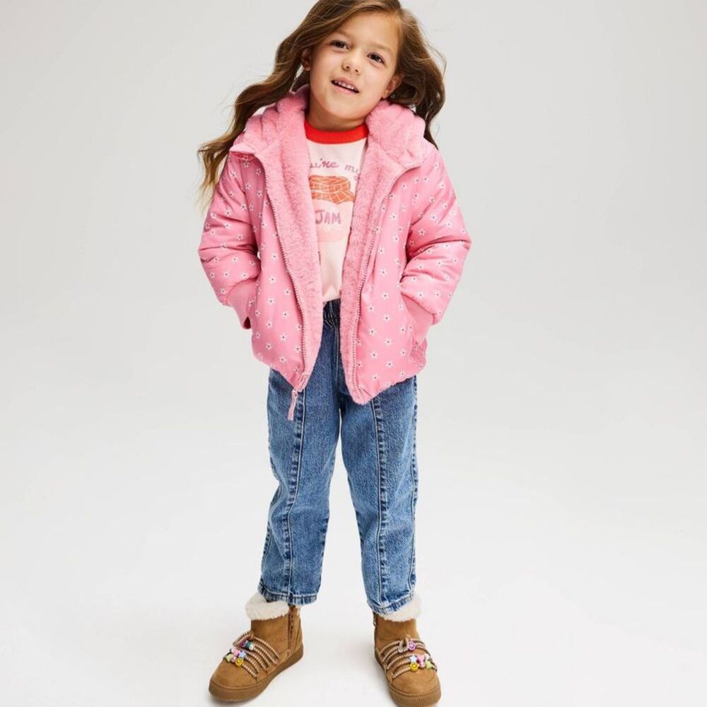 Toddler Girls' Ditsy Floral Reversible Puffer Jacket - Cat & Jack Pink 3T